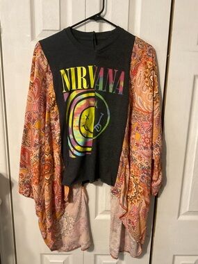 Nirvana Upcycled Mash Up Graphic T-Shirt with Flowy Boho Sleeves - OSFM
